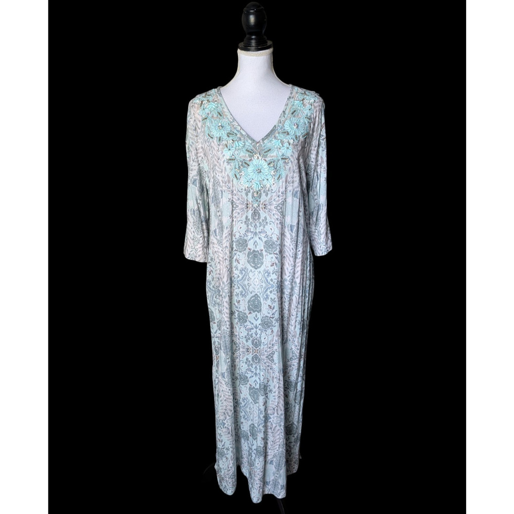 Soft Surroundings Daydream Marine Floral Beaded Maxi Dress Sz M Caftan Bohemian